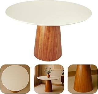 Mesa de Jantar Redonda Laqueada Tampo com Vidro Temperado Base Cone com Acabamento Amadeirado Laminado Mel (120 CM)