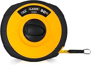 Fita métrica LAND de fibra de vidro de 50 metros com escala dupla/métrica, enrolada em suporte amarelo e preto com gancho de metal e botão de trava.