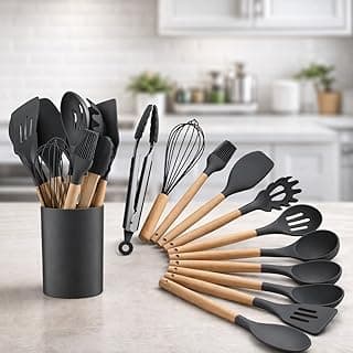 Kit 12 utensílios de cozinha silicone preto cinza cabo madeira