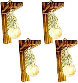 Kit 4 luminárias de parede madeira rústica com cordão e lâmpadas acesas