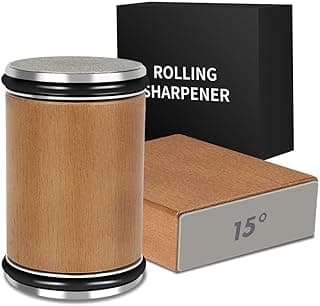 Afiador de facas magnético com base de madeira e topo metálico cinza, caixa preta com texto 'ROLLING SHARPENER' e pedra de amolar de 15°