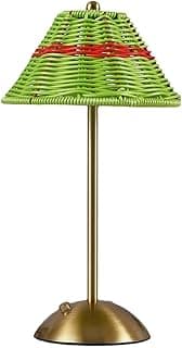 Luminária de mesa portátil LED verde com cúpula de vime e base dourada