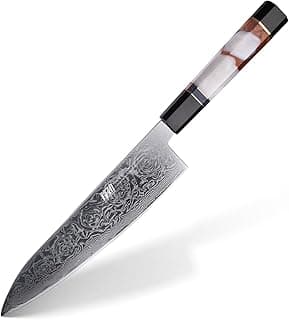 Faca japonesa profissional de 20 cm com lâmina de damasco, design ornamental, cabo preto e marrom