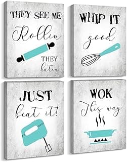 CREOATE Arte de parede com citações de cozinha azul-petróleo, 4 peças de frases inspiradoras para decoração de placa de cozinha, conjunto de impressão de pôster em tela turquesa 20,3 x 25,4 cm de madeira para sala de jantar, bar, decoração de padaria..