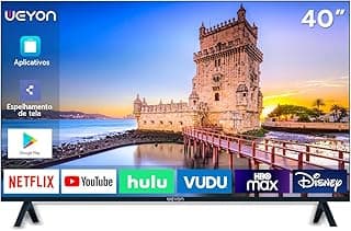 Smart TV 40 polegadas Full HD Weyon com Wi-fi e Android 14, exibindo ícones de aplicativos na tela