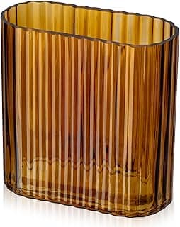 Vaso de vidro âmbar com nervuras, design canelado, 16,7 cm para decoração