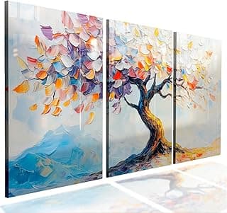 Kit 3 quadros decorativos com árvore multicolorida e folhas voando - azul, amarelo, laranja