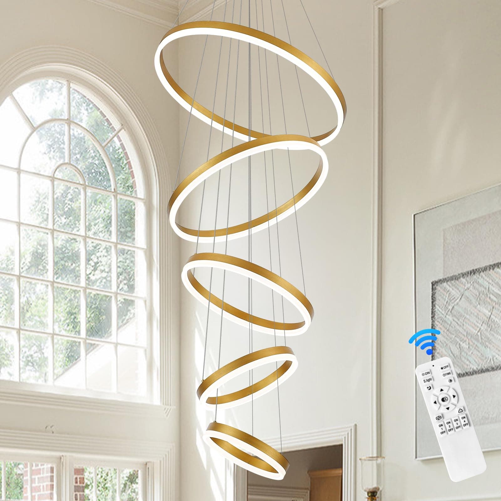 Lustre de LED Moderno 5 Anéis Grande com Controle Remoto Dourado Bivolt