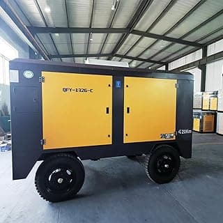 Compressor de ar industrial móvel com portas amarelas e pretas, modelo QFY-1326-C, em galpão de armazenamento.
