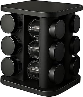 Organizador de condimentos preto com 12 potes de vidro giratórios