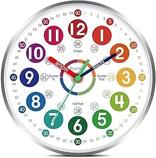 Roymnie Relógio de parede para crianças aprendendo - Tempo de ensino Relógios de parede operados por bateria silenciosos sem tique-taque - Relógio analógico colorido decorativo para quarto de crianças