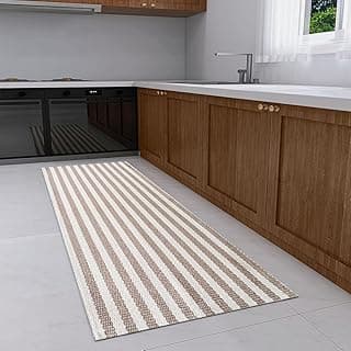 Tapete antiderrapante de cozinha com listras bege e caramelo, 2,00m x 0,45m, artesanal em 100% algodão cru natural, para cozinha e banheiro.