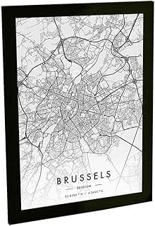 Quadro Decorativo A4 Mapa de Bruxelas, Bélgica, em Preto e Branco