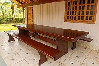 Conjunto Mesa Jantar Rústica Tampo(300cm x 85cm x 6cm) com 2 Bancos Laterais Tampo(300cm X 36cm x 4cm) de Madeira Maciça - Pés formato Taça - Acabamento Verniz Nogueira Auto Brilho – 10 lugares
