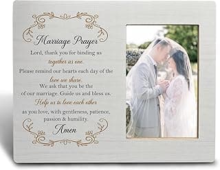 Porta-retrato casamento cristão branco com moldura em relevo e texto 'Marriage Prayer' em dourado