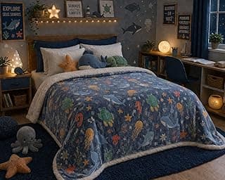 Manta Cobertor Infantil Dupla Face com Sherpa Brilha no Escuro, Estampa Marinha Fundo do Mar, Quentinha Inverno 200x210 cm, Azul