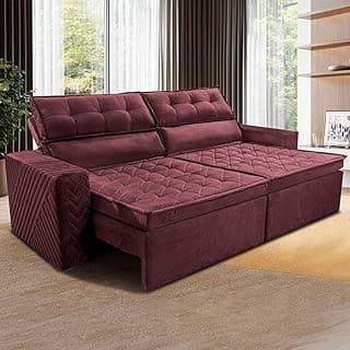 Sofá cama retrátil e reclinável de 4 lugares, Suede Velusoft, cor vinho, 230cm de largura