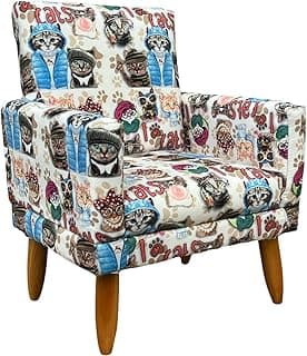 Poltrona Infantil Decorativa Confortável Para Quarto Suede Com Estampa Gatos Pés Castanhos