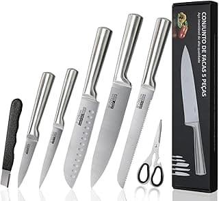 Conjunto de 7 Facas Profissionais em Aço Inoxidável 3CR13, Durável Antiferrugem e Anticorrosão, Garantia de 10 Anos,Ultra Afiadas e Precisão Suíça, V-Sharp 15° Lâminas Inteiriças Conjunto de Cozinha