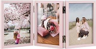 Molduras articuladas triplas rosa, 10 x 15 cm, com fotos de uma criança sob uma árvore, um buquê de rosas e uma mulher com uma criança.