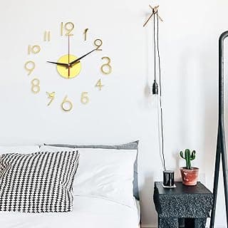 Relógio adesivo de parede 3D dourado, números e ponteiros pretos, diâmetro 60 cm.