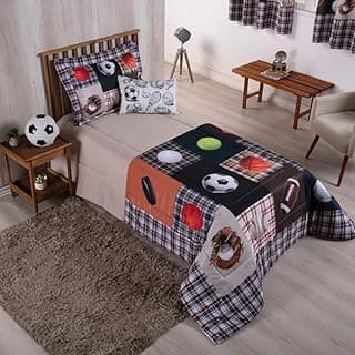 Kit edredom infantil estampa esportes solteiro branco preto vermelho laranja