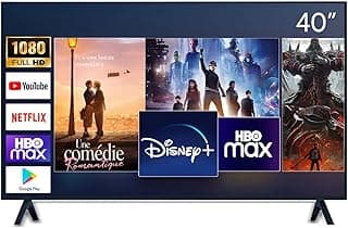 Smart TV 40 polegadas Full HD com ícones de YouTube, Netflix, Disney+, HBO Max e Google Play