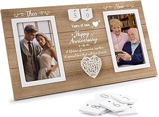 Porta-retratos de madeira comemorativo com fotos e contagem regressiva de anos, para aniversários de casamento