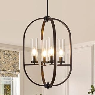 Luminária pendente oval industrial com quatro luzes e persianas de vidro transparente