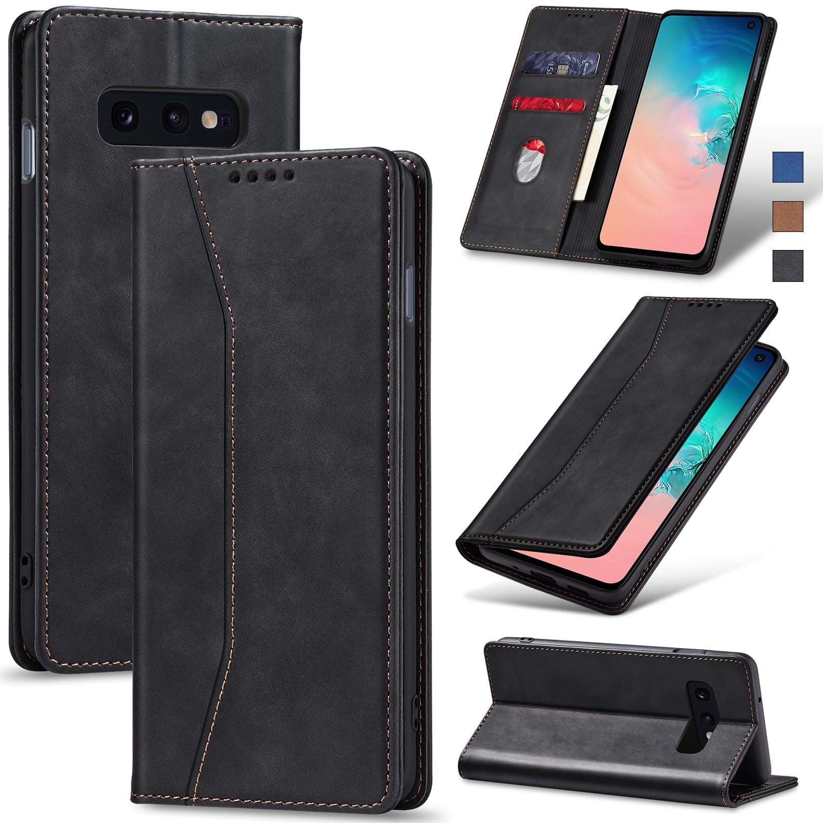 Jasonyu Flip Carteira Capa para Samsung Galaxy S10e,Capinha Folio Magnética de Couro com Suporte para Cartão,Suporte para Chute - Protetora Durável de TPU à Prova de Choque para Telefone,Preto