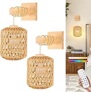 Arandelas de parede de madeira Boho, luminárias de vime recarregáveis com controle remoto