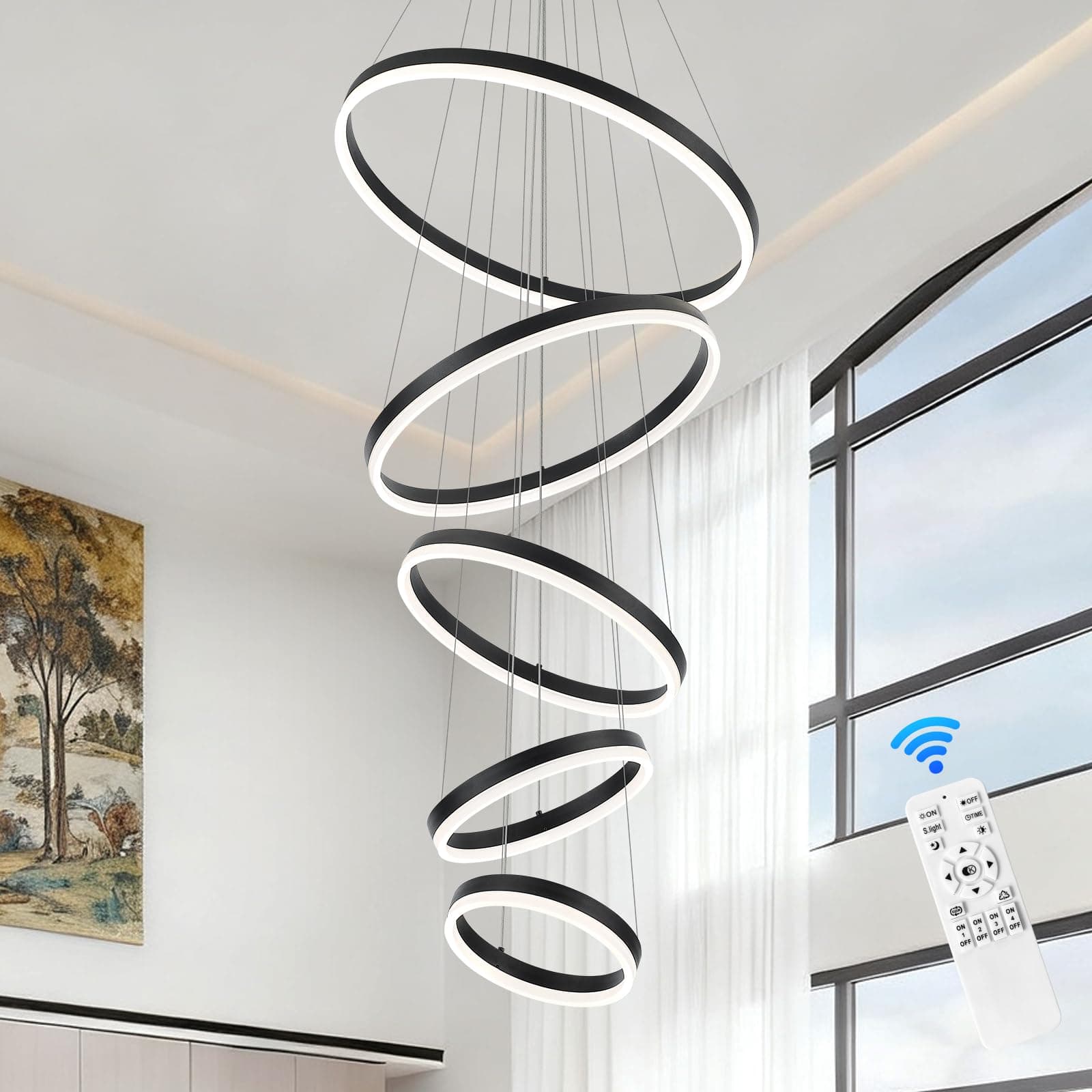 Lustre Pendente LED Modelo 5 Anéis com Controle Remoto Grande Preto para Teto Alto