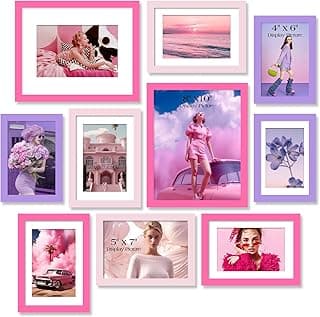 Conjunto de dez porta-retratos de vários tamanhos e estilos, com molduras em tons de rosa e roxo