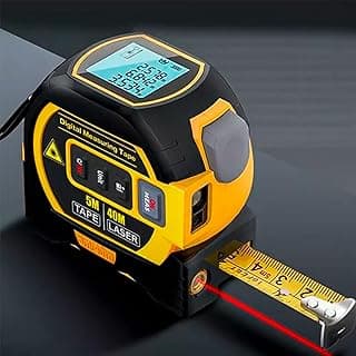 Trena digital Exbom com visor LCD e nível a laser, preta e amarela, com fita de medição amarela e preta.