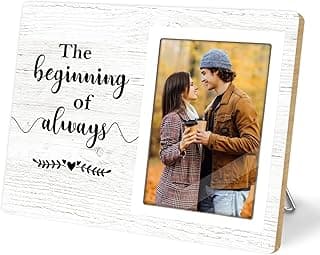 Porta-retrato branco com frase 'The beginning of always' e foto de casal