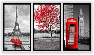 Kit 3 Quadros Decorativos Grandes com MOLDURA Cidades do Mundo Vermelho - Torre Eiffel, Árvore Vermelha e Cabine Telefônica Vermelha