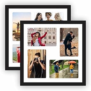 Kit com dois porta-retratos pretos para 4 fotos de 10x15cm, exibindo várias fotos de pessoas em diferentes cenários