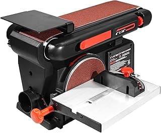Lixadeira de bancada FINDBUYTOOL com mesa de cinto e disco, preta e vermelha, isolada em fundo branco