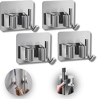 Kit com 4 suportes de parede inox para vassouras e rodos, fixação sem furos, suporta 5Kg