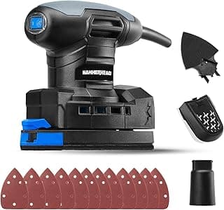 Hammerhead Lixadeira multifunção de 1,4 Amp com lixa de 12 peças, sistema de coleta de poeira e acessório detalhado - HADS014