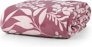 Cobertor casal com design floral de folhas rosa e branco, microfibra fleece, toque aveludado.