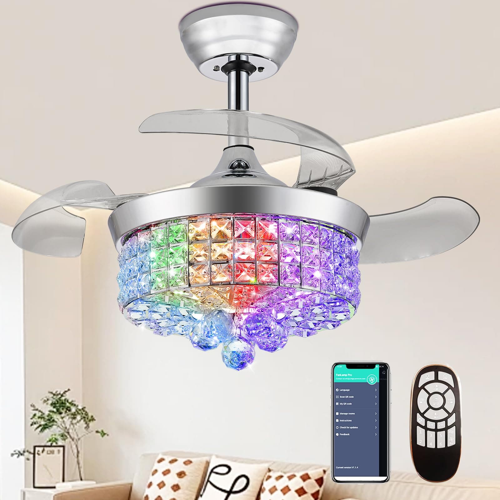 Ventilador de Teto Lustre Moderno RGB com LED 76.2 cm Prateado Controle Remoto e App