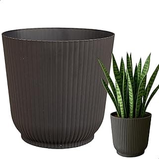 Cachepot Talin Preto 2,5L 16cm x 15cm com design em relevo circular, acompanhado por uma planta em um vaso menor.