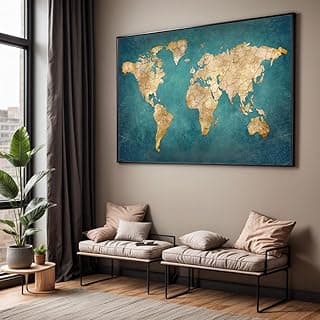 Quadro decorativo mapa mundi verde, estilo vintage, para sala ou quarto