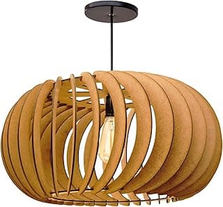 Luminária pendente elíptica de MDF de madeira, diâmetro 48 cm, luz no centro, cor marrom claro