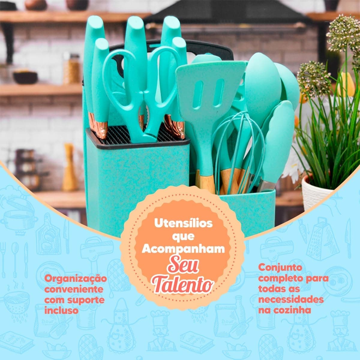 Utensilios para Cozinha Silicone Kit com 19 Peças Cabo Madeira Conjunto Completo Espátula Concha Colher Jogo Suporte Faca Antiaderente Tabua Tesoura Faqueiro (VERDE 02)