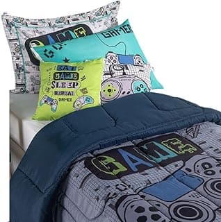 Kit edredom infantil masculino com estampa de jogos, cinza e azul, com fronha e capas de almofadas