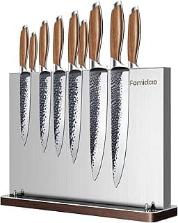 Bloco magnético de facas Fomidaro com nove facas de aço inoxidável e cabos de madeira