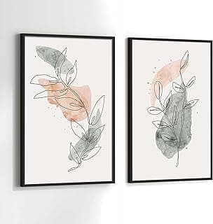 Quadros decorativos minimalistas com folhas rosa e cinza em molduras pretas