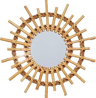 30,48 cm Pequeno Natural Rattan Sunburst Bohemian Hanging Glass Decoration, Rustic Handwoven Innovative Art Decoration Round Makeup Mirror for Dressing Living Room Bedroom Bathroom Corredor, Entrada